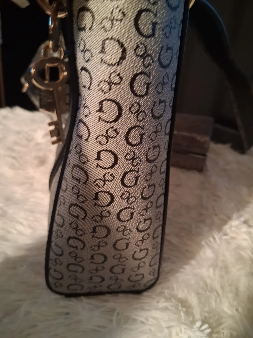 Guess Monogram Logo Satchel in Black and Gray with Gold Hardware